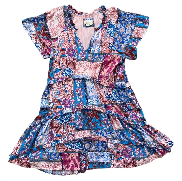 By Anthropologie Robin Tiered Mini Dress L Boho Floral Festival Flowy Patchwork - Picture 16 of 17